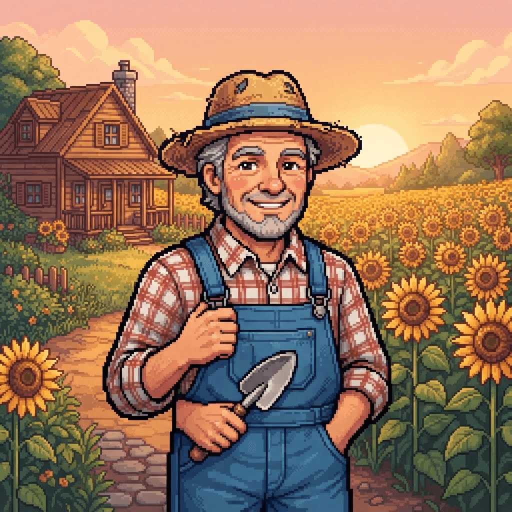 cozy pixel art farmer portrait, 16-bit RPG style, warm smile, straw hat and denim overalls, wooden farmhouse and sunflower field behind, soft golden hour light, crisp chunky pixels, vibrant, digital illustration