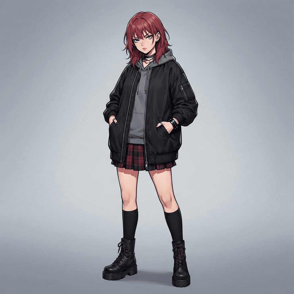 original young woman delinquent gang member character, dyed red hair, plain black oversized bomber jacket with no lettering and no logos, plaid skirt, hands in pockets, standing full body, modern shonen anime style, clean cel shading, bold lineart, soft grey gradient studio background, crisp high detail, no text, no words, no letters, no watermark