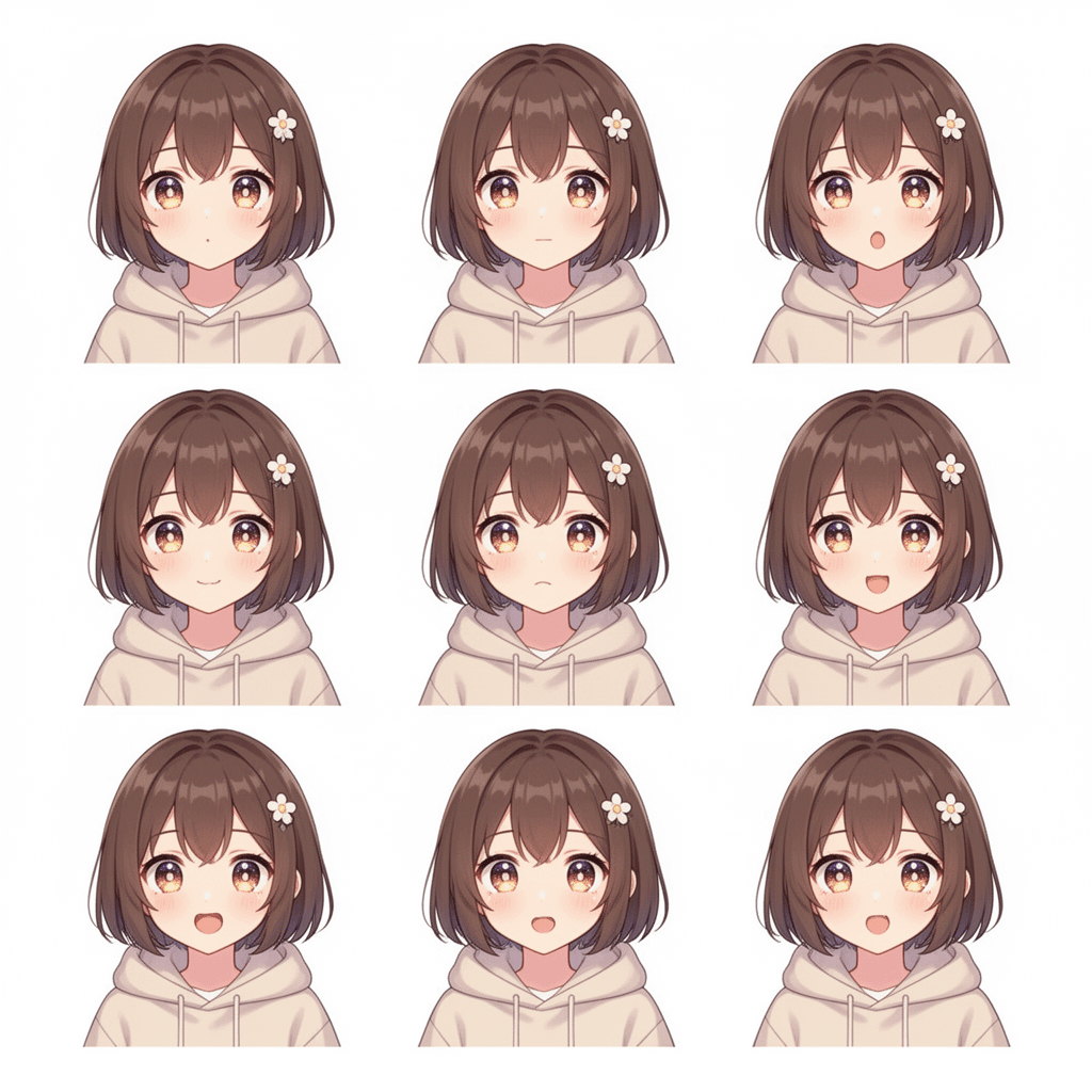A digital illustration sheet featuring a cute anime-style character for a PNGTuber. The character is a [describe your character: e.g., "young girl with short brown hair, big sparkling eyes, wearing a cozy oversized hoodie and a small flower clip"]. The sheet contains 8 different expressions/poses arranged in a grid:
Idle – neutral face, mouth closed, eyes open.