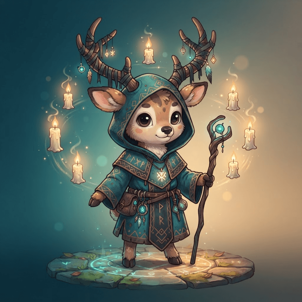 a cute cartoon deer cultist character with antlers wrapped in cloth, teal robe, whimsical dark storybook indie game art style