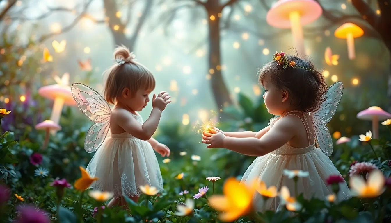 Toddlers dressed with tiny fairy wings playing in a magical garden.
Touching glowing flowers, chasing fairy lights.
Background: floating fairies, glowing mushrooms, sparkle dust, enchanted trees moving gently.
Soft fantasy glow lighting.