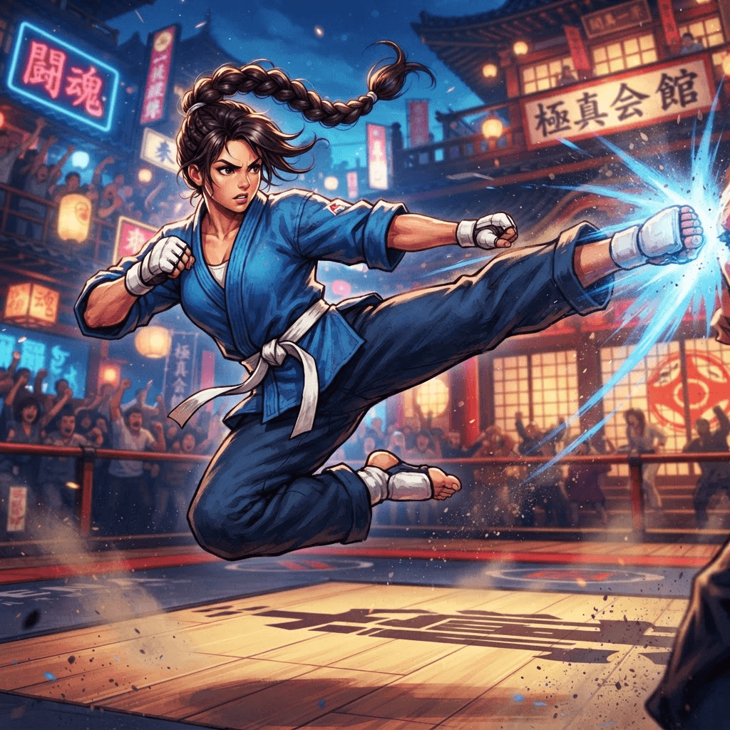 Street Fighter OC, agile female karate fighter, flying kick action pose