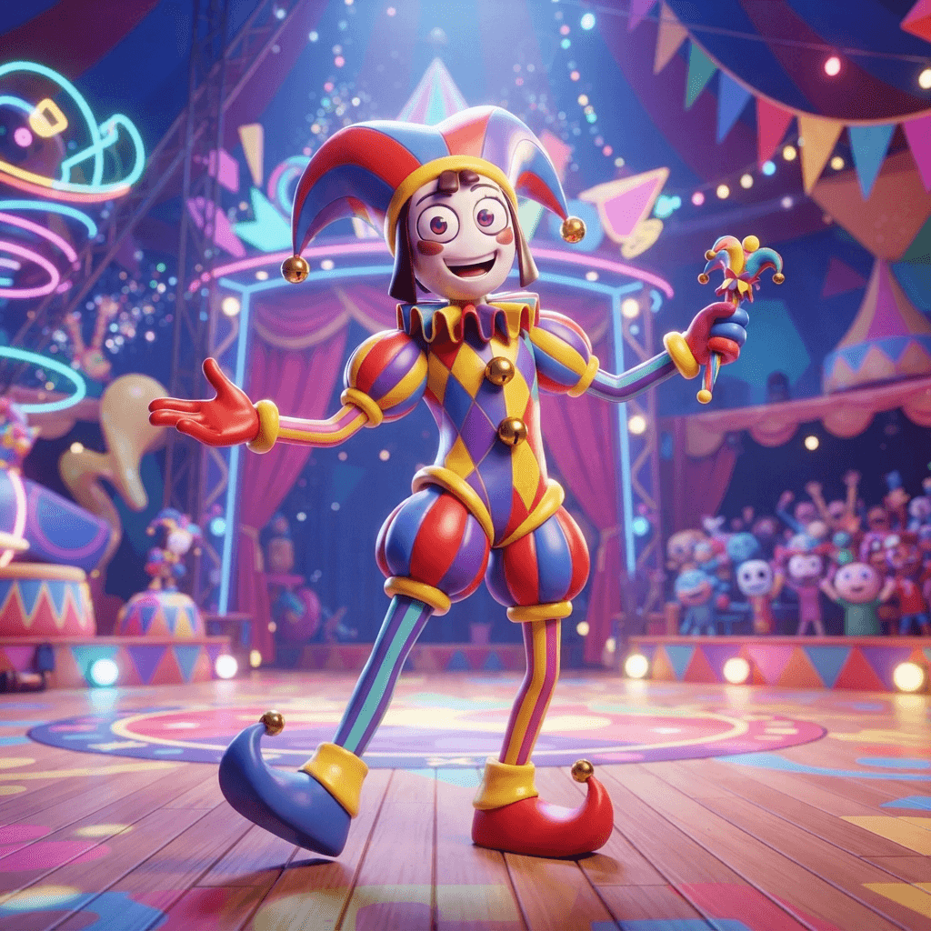 Chad from The Amazing Digital Circus, quirky cheerful cartoon circus character, bright colorful design, full-body portrait standing on the circus stage, glossy 3D circus style, polished expressive 3D animation, bright colorful Amazing Digital Circus environment, no text, no logo, no watermark