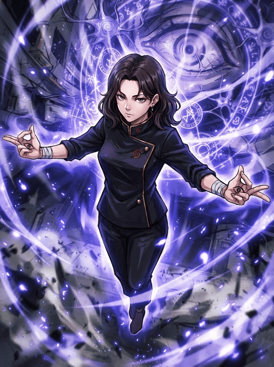 Appearance: 1girl, medium height, athletic slim fit, Jujuts Kaisen Art style, pale skin, dark brown eyes, almond shaped eyes, psychic calm expression, extremely deep dark brown hair, very short hair just below the jaw, no fringe, middle parted hair, wavy hair without fringe, Jujutsu Kaisen school outfit, Jujutsu Kaisen dominion expansion, powerful cursed energy, confident pose, single character, only upper body shot, just 2 arms, anime style, Jujutsu Kaisen art style, pose more spiritually powerful (arms spread, levitating, loads of cursed energy), cursed energy deep violet-blue, and give her a domain expansion (hand pose/gesture, domain around her, power related to psychic energy and mind)
