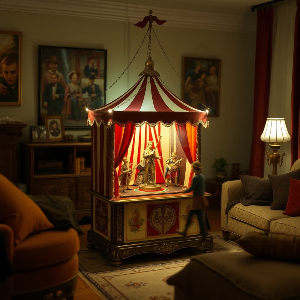 A carnival music box summoning phantom performers who turn a living room into an old circus tent"