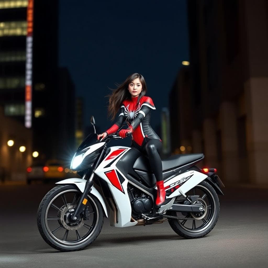 a white asian girl in spider man suite realistic girl and have two wheels