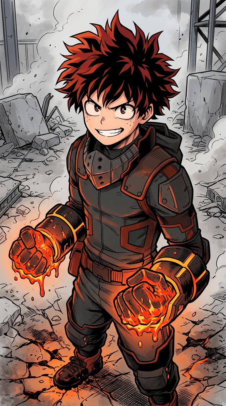 Original hero in the My Hero Academia anime art style: a teen hero boy with spiky red and black hair and a lava quirk glowing on his fists, dark hero costume with gauntlets, confident grin, bold manga line art, training ground with rubble. Portrait framing from the waist up, face in the upper third of the frame, one character only. No text, no logo, no watermark.