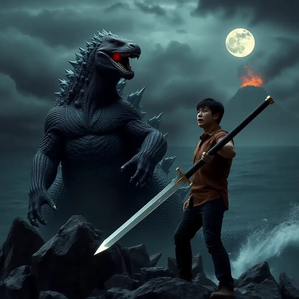Dark gray, muscle-bound Godzilla, Komodo dragon horns, glowing red eyes. Fearful face.  Man, short dark hair, brown shirt, dark pants, holds large, gleaming sword.  Rocky outcrop, dark ocean. Distant volcano erupts, smoke darkens stormy sky. Moonlight highlights Godzilla's scales, man's fear.  Sharp, textured Godzilla skin.  Dramatic, gritty, cinematic style.  Man's small size emphasizes Godzilla's immense power.  Ocean waves crash on jagged rocks.
