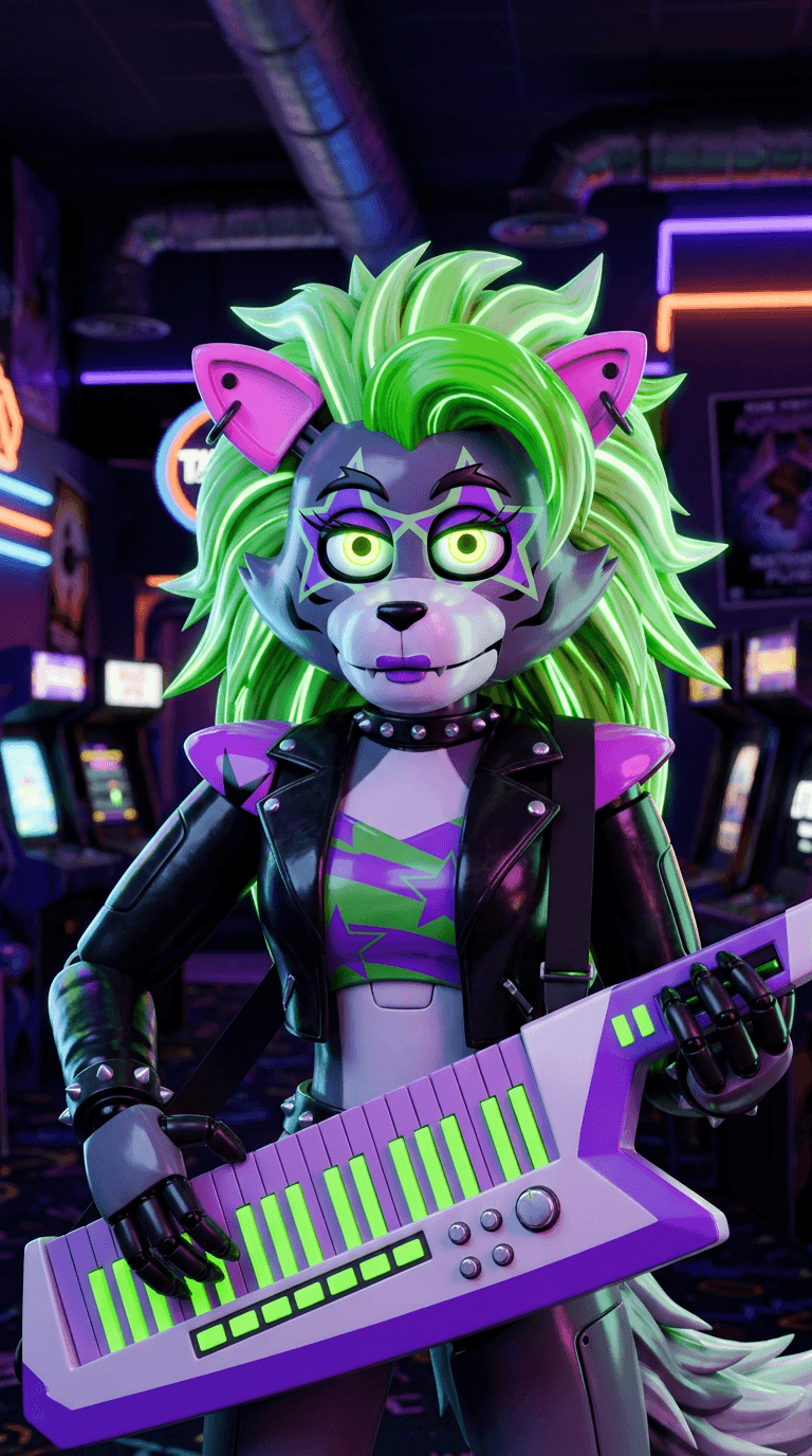 Original animatronic in the Five Nights at Freddy's art style: a glossy glamrock-style wolf girl animatronic with neon green hair, star face paint and a keytar, glowing eyes, 3D render, neon arcade pizzaplex behind. Portrait framing from the waist up, face in the upper third of the frame, one character only. No text, no logo, no watermark.
