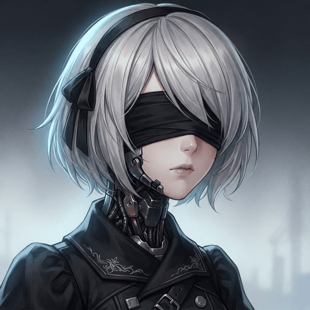 Original NieR Automata style android OC portrait, blindfold, mechanical joints, silver hair