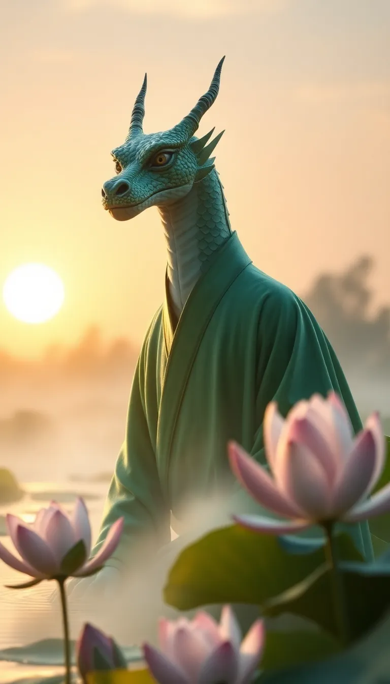 A close-up portrait of a humanoid dragon spirit (head and shoulders only) hovering slightly above a serene lotus pond at sunrise, wearing a jade-green traditional Vietnamese robe. Blooming lotus flowers, gentle ripples, soft mist, soft sunlight, fantasy, mystical, cinematic lighting, magical aura.
