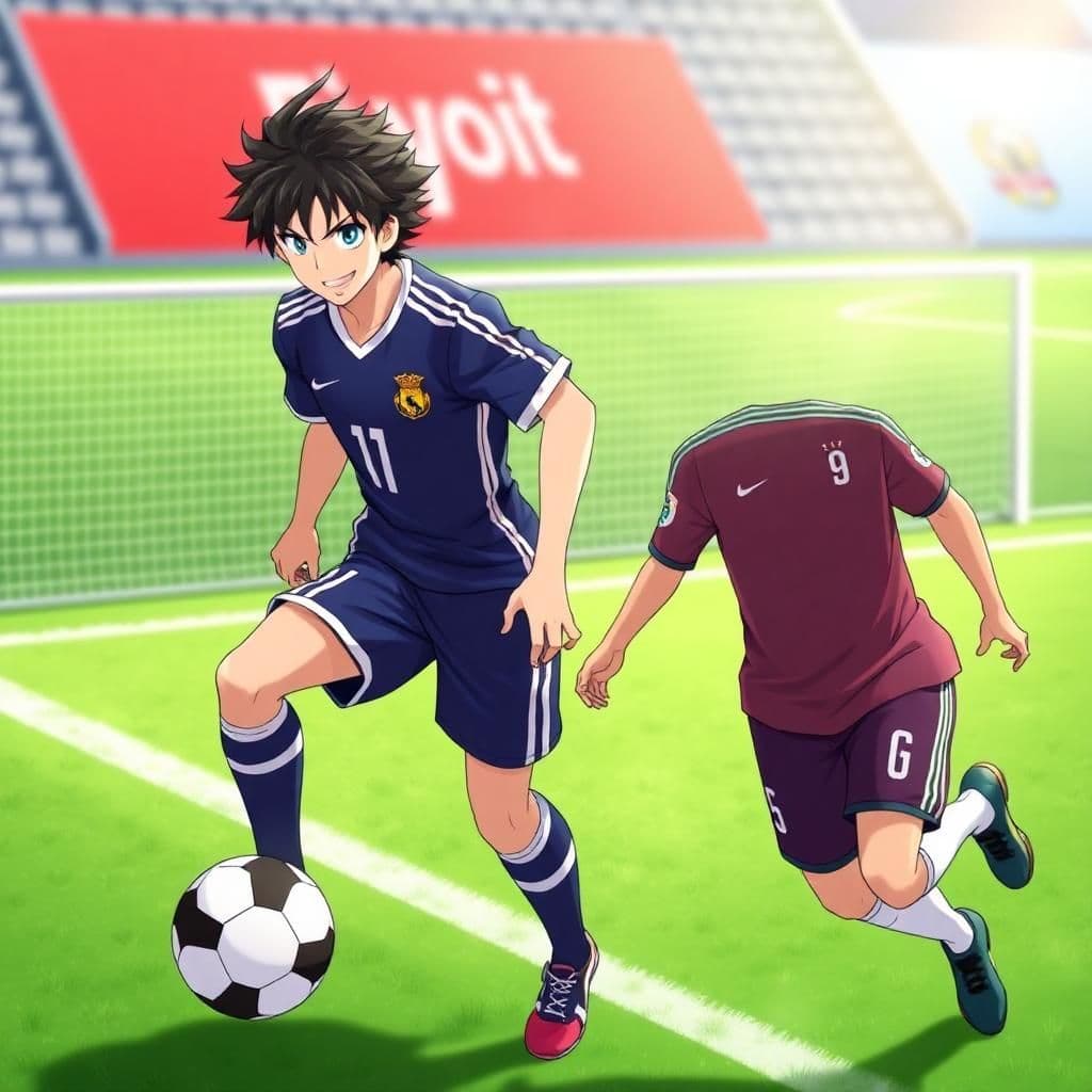 Isagi Yoichi from the anime blue Lock with cristiano ronaldo next to him on a football pitch