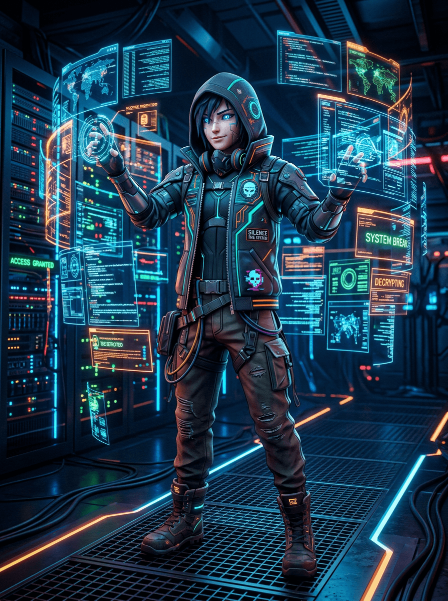 Original character for Meta Runner: a hacker in a hooded jacket surrounded by floating holographic screens, full body, stylized 3D anime style, dark server room with neon glow