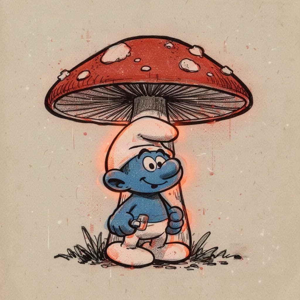 a kpu pen‑ink risograph illustration of a small smurf character standing beneath a red mushroom, rendered with dense cross‑hatching, fine stippling and confident linework, overprinted with a misregistered fluorescent orange spot color that glows from the highlights. the paper shows textured riso print grain and slight roller‑ink unevenness, giving an archival zine feel. the scene retains the simple line, vibrant color palette and franco‑belgian kids’ comic visual language, while the risograph layer adds contemporary atmospheric depth.