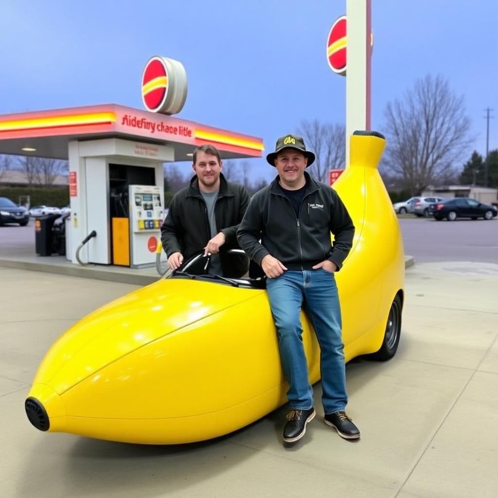 Two guys at a gas station with a banana shaped car