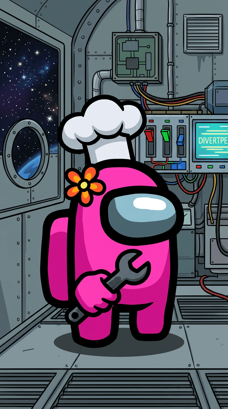 Original Among Us crewmate in the Among Us game art style: a hot pink crewmate wearing a chef hat and a flower, holding a wrench, flat colours with thick dark outlines, spaceship electrical room background with stars in the window. Portrait framing from the waist up, face in the upper third of the frame, one character only. No text, no logo, no watermark.