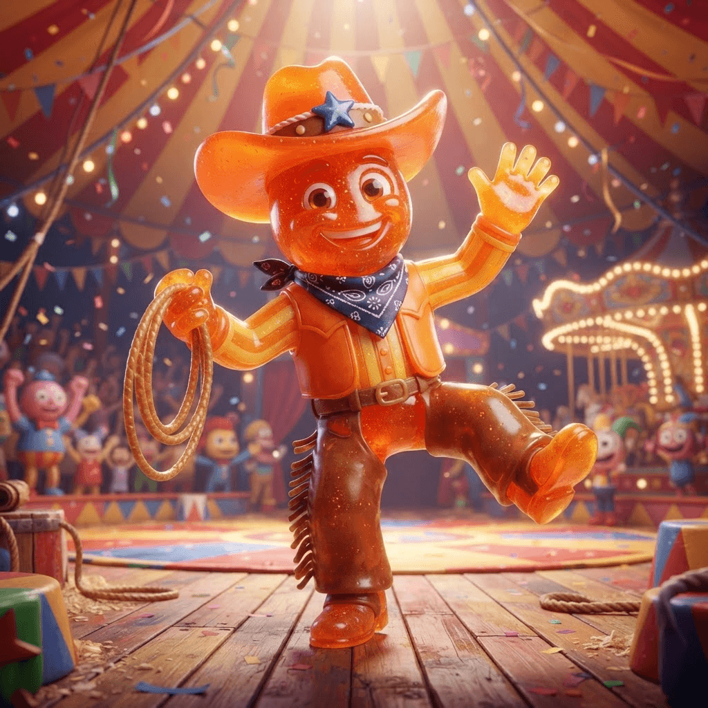Gummigoo from The Amazing Digital Circus, orange translucent gummy candy cowboy, wide brim hat, bandana, friendly grin, dynamic playful action pose under the big top, glossy 3D circus style, polished expressive 3D animation, bright colorful Amazing Digital Circus environment, no text, no logo, no watermark