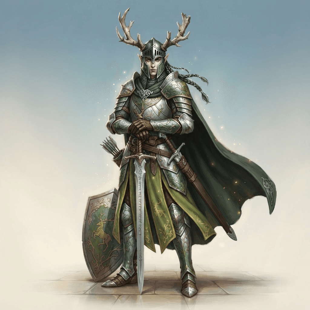 original character, a tall elf knight in silver and moss-green armour with a broken antler helmet, full body, painterly fantasy style, clean soft gradient studio background, vibrant, crisp high detail, digital illustration