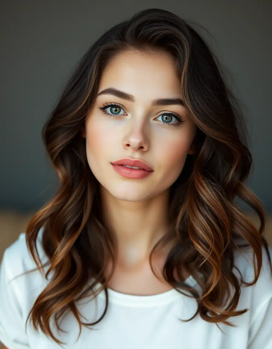 A woman, young, 18 years old, A woman, young, 18 years old, brunette, big mouth, light wavy hairA woman, young, 18 years old, brunette, big mouth, wavy hair, 