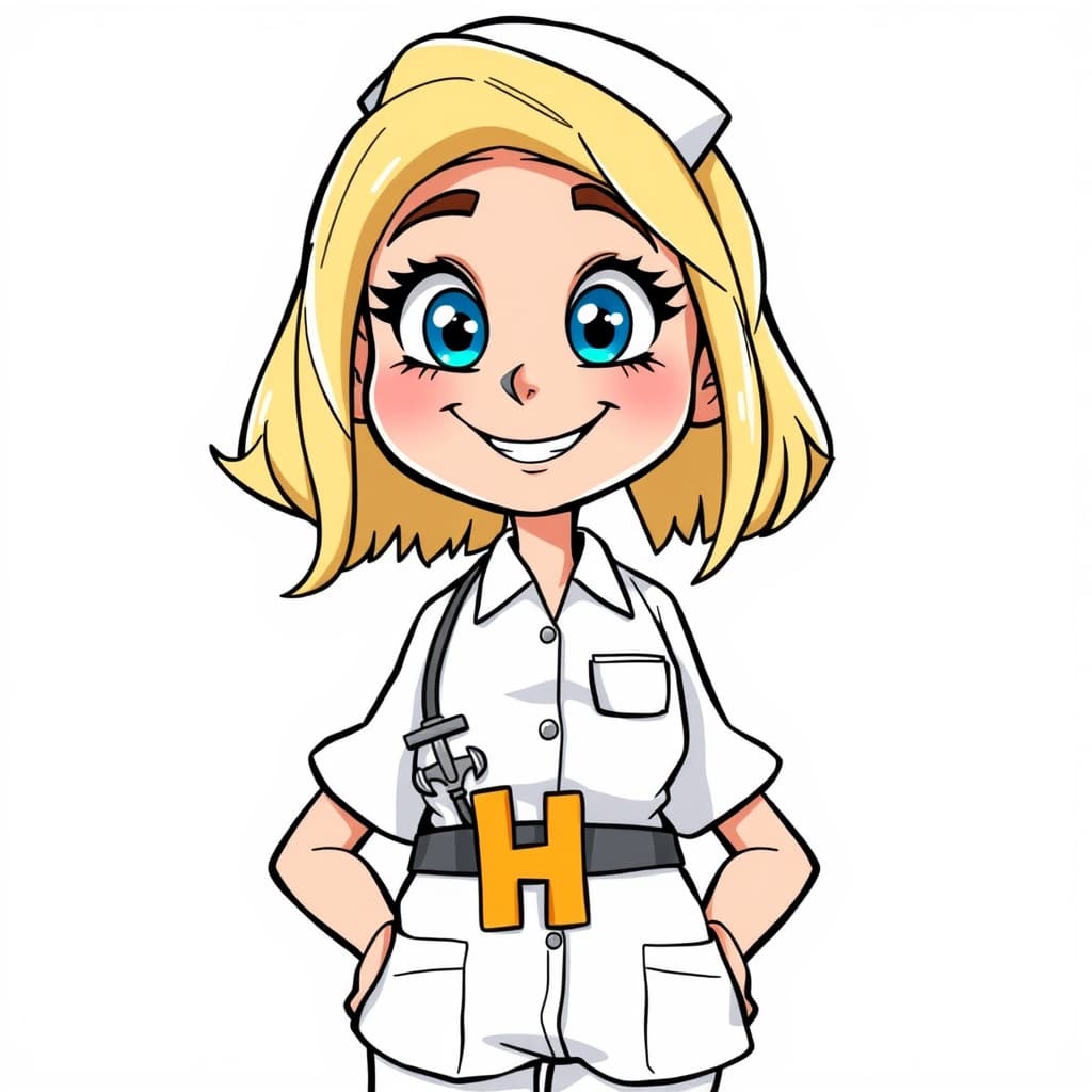 Cartoon: Bright, cheerful style. A young, smiling blonde nurse, bright blue eyes, wearing a crisp white uniform, slightly rumpled. She is wearing a tool belt. It is comical with a large h Nurse looks helpful, energetic, maybe a little mischievous. Thick black outlines, smooth shading, limited color palette. Focus on her friendly expression.