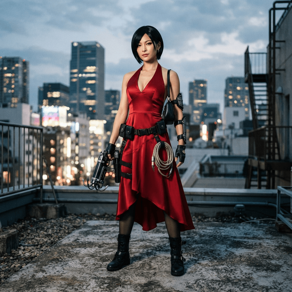 a woman in a red halter dress with a sleek black bob and a grappling hook gun, cosplay reference, full body, standing portrait