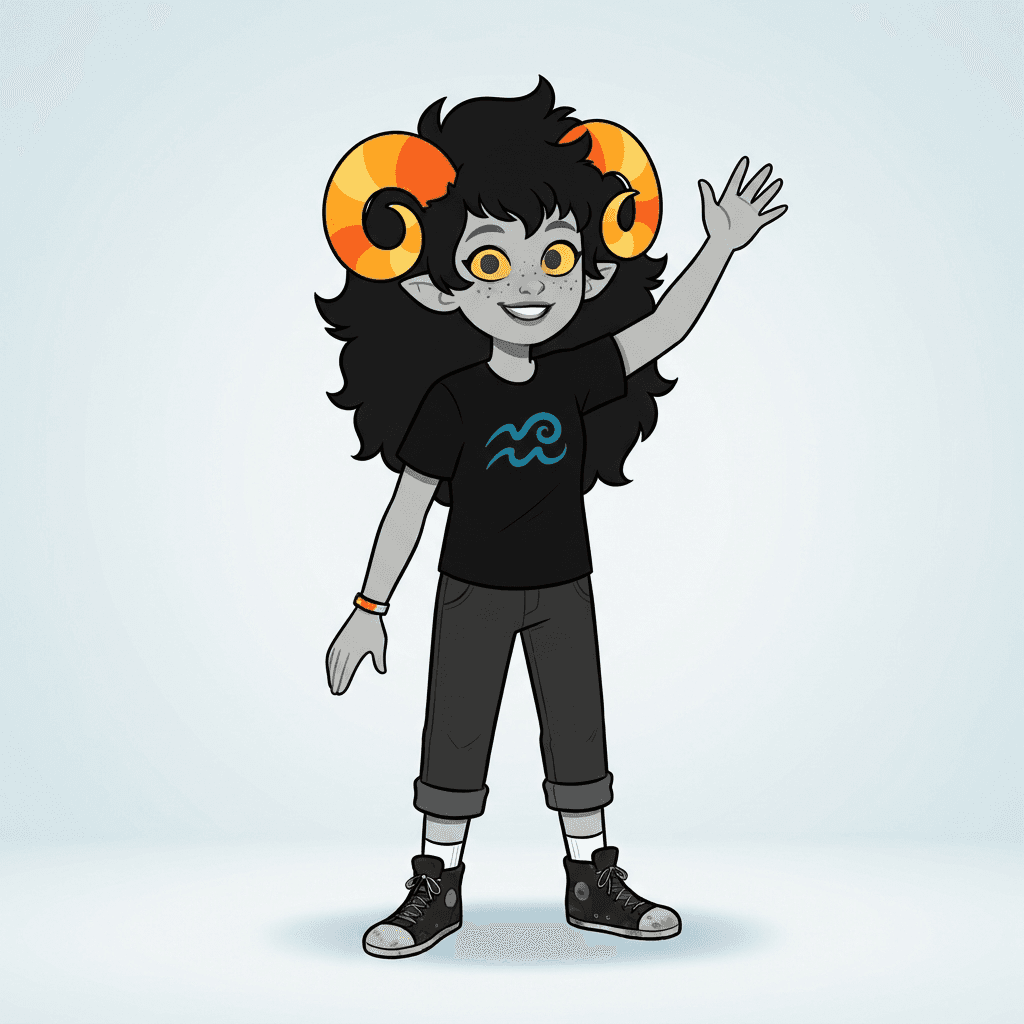 Original fantroll character, gray skin, ram-like candy-corn horns, freckles, cerulean wave symbol, webcomic style