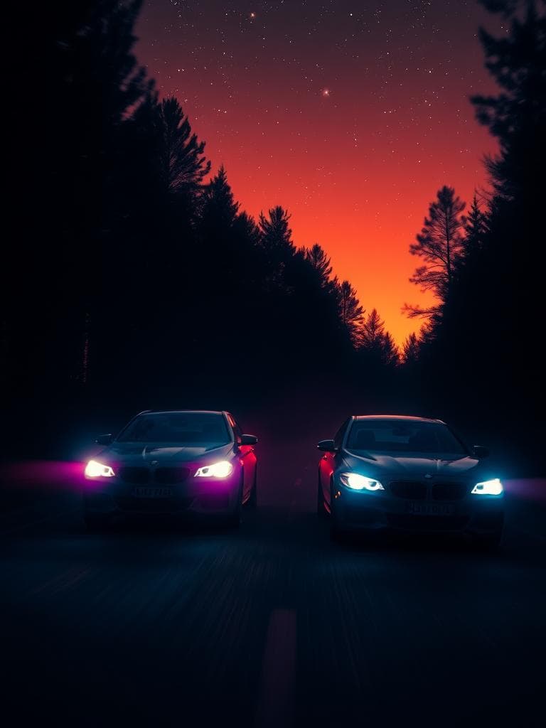 Two cars speeding through a dark forest under a starry night sky. Bathed in a sunset gradient, their glow shifts from warm oranges to deep indigos, like the colors of a fading sky. The cars emit a ghostly light, with soft pinks and dusky purples creating mysterious, dreamy outlines. Headlights cast calming yet dramatic shadows, painting the trees in sunset hues. This eerie and enchanting forest scene feels like a blend of romance and mystery, as if the cars are part of a magical chase through twilight shadows.