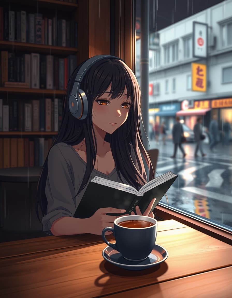 A serene and intimate anime-style scene unfolding in a cozy café, where stark contrast lighting casts a sense of depth and visual intrigue, amidst the soothing ambiance of a rainy day. The beautiful young woman, with her long, flowing hair gently caressing her shoulders, sits comfortably by the window, wearing large over-ear headphones that seem to envelop her in a world ofher own. Her peaceful expression is captivating as she reads a book, the gentle raindrops sliding down the glass pane beside her creating a sense of calm and serenity. On the wooden table in front of her, a warm cup of coffee sits, steam rising softly into the air, filling the space with a comforting aroma. The warm and soft lighting within the café contrasts beautifully with the cool, rainy atmosphere outside, creating a dreamy, nostalgic ambiance that invites contemplation. In the background, shelves lined with books stand like silent guardians of knowledge, while outside, the rainy city street comes alive with the subtle sounds and movements of passersby, all blended into a soft animation style with subtle motion, where rain falls, pages turn, and ambient light flickers, all set against the backdrop of a 16:9 aspect ratio, rendered in a stylized anime manner with a high level of detail and texture, reminiscent of a vibrant, stylized artwork, with a stylization level of 70, and a version 5 rendition, capturing the essence of a peaceful, rainy day escape into a world of words and warmth.