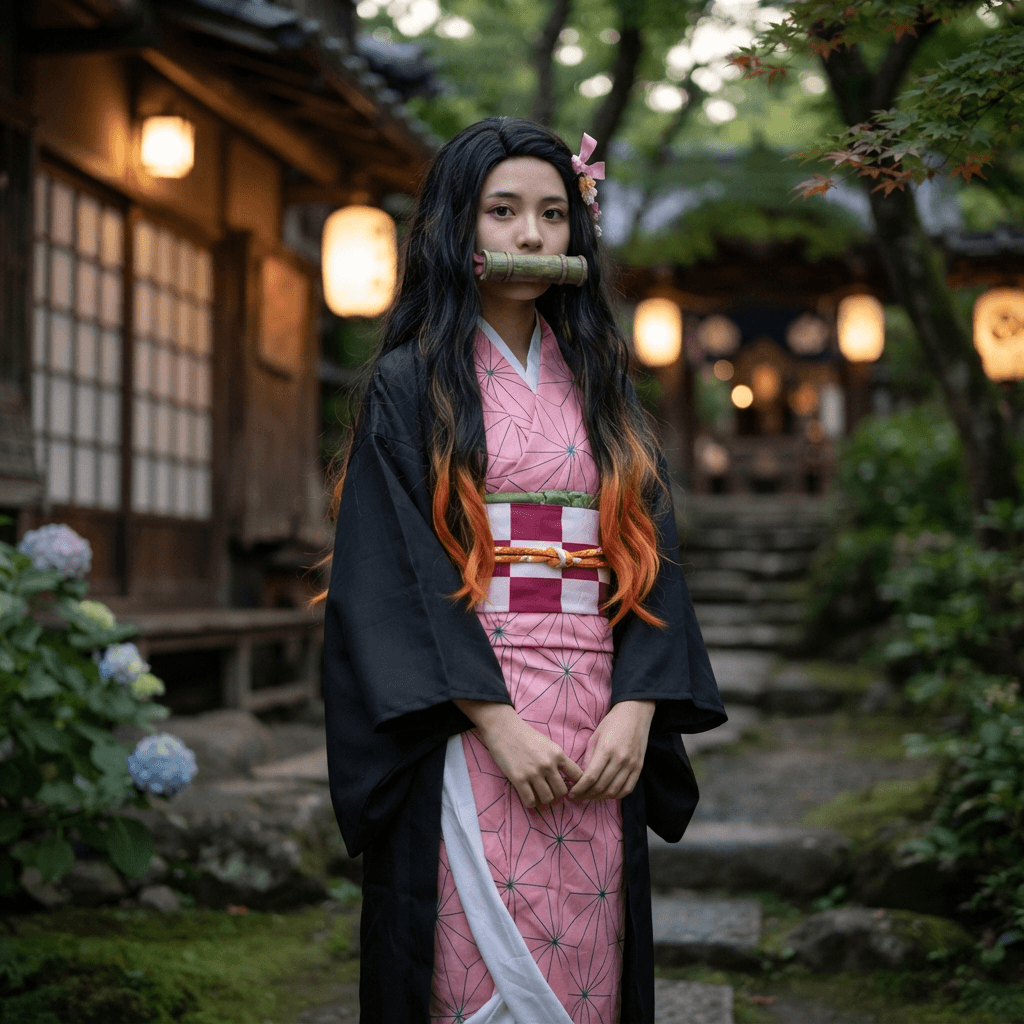 a girl in a pink checkered kimono with a bamboo muzzle and long black hair fading to orange, cosplay portrait, waist up, detailed costume