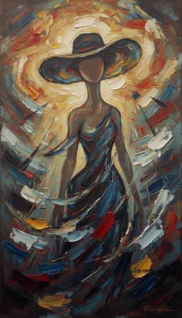 a girl in the style of abstract expressionism and post-impressionism, rendered with impasto oil on canvas and palette knife application. her form is abstracted, with a dynamic, swirling motion and an implied upward trajectory, featuring a broad-brimmed hat silhouette and an elongated neck with fluid contours. the background is a non-representational, abstract space with swirling color fields, directional brushstrokes, and layered planes, creating an energetic, turbulent, and expressive mood with high, kinetic energy. the lighting is an internal luminosity with implied backlighting from above, diffused and atmospheric, with warm-dominant colors and cool accents. the composition is a close-up, central, and vertically oriented framing, emphasizing the tactile, layered texture of thick oil paint with a matte finish and selective sharpness.