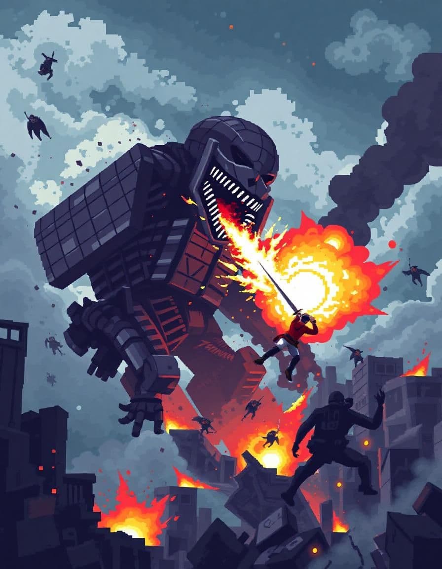 8-bit attack on titan.  giant pixelated titans clash.  soldiers, tiny squares, zip through ruined city.  fire, explosions, big blocks of color.  rage, fear, impact.  armored titan's plates, cracked squares.  attack titan, steamy pixels.  soldier's slash, blurry lines.  stormy sky, jagged pixels.  low resolution, high energy.  chaos.  gritty, violent, pixelated anime.  massive fight.  limited color palette.  sharp lines, blocky figures.  epic battle, 8-bit style.
