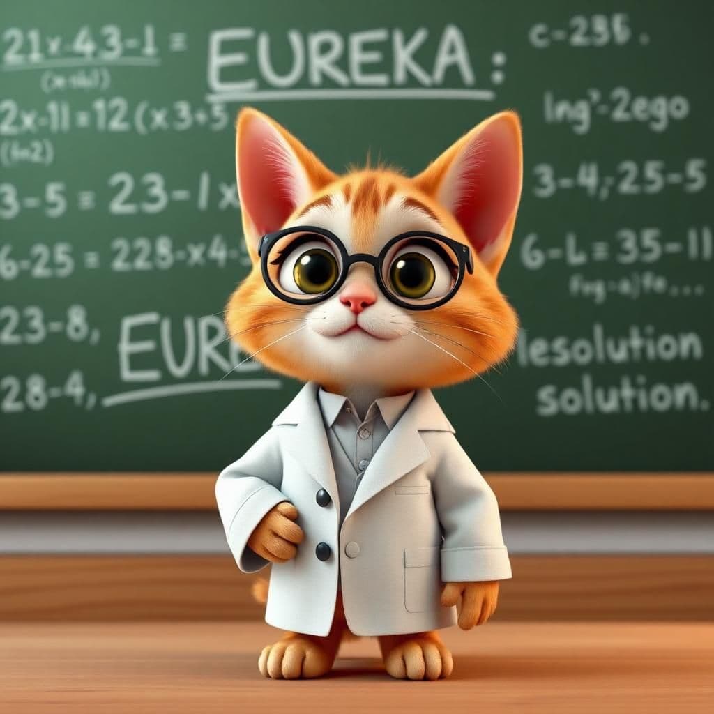 style pixar 3d, A cat in a lab coat, standing in front of a blackboard full of "complex equations", but the only thing written is : EUREKA La solution ! , lots of cuteness, charisma and animated special effects, high definition, masterpiece, 8k