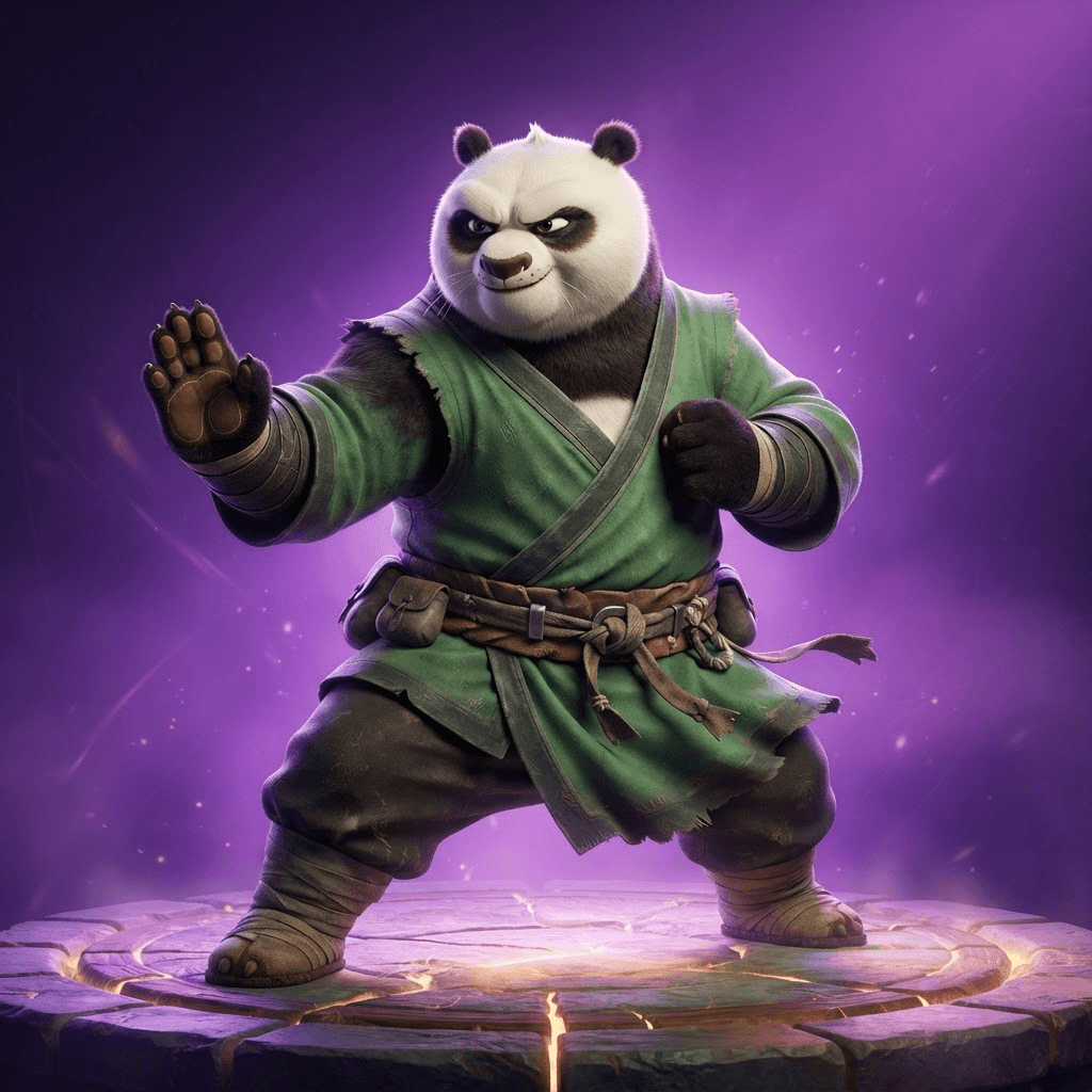 original anthropomorphic giant panda martial arts warrior character, green cloth robes and belt, confident fighting stance, full body, stylized 3D animated movie render, vibrant purple gradient studio background, crisp high detail, no text, no words, no watermark
