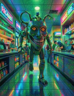 robomonster mid‑stride through a bustling deli, low‑angle view, rendered in a pointillist color‑blend style with tiny luminous dots of bright greens, blues, oranges and yellows forming the scene; the deli’s glossy countertops, neon signage and line‑defined shelves appear as clusters of color that shimmer like scientific mosaics, while the metallic sheen of robomonster’s silhouette is built from crisp, contrasting points, his eyes catching the subtle rim lighting. the composition is balanced and static, emphasizing monumental stillness amid the vibrant pointillist palette.