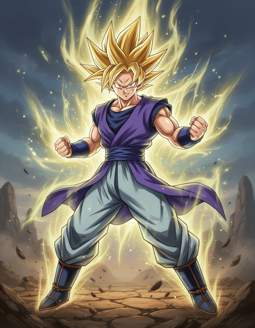 Create an original anime warrior character with spiky hair, glowing energy aura, and a confident battle stance. Do NOT copy any existing anime character. Use unique hair shapes, unique clothing, and original colors. High‑detail anime style, dynamic lighting, clean line art, suitable for D