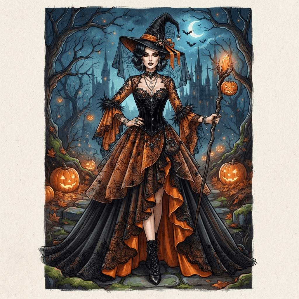 halloween costume fashion, gothic witch silhouette, cobweb lace, pumpkin orange and black palette, full length gown look, fashion illustration, full body