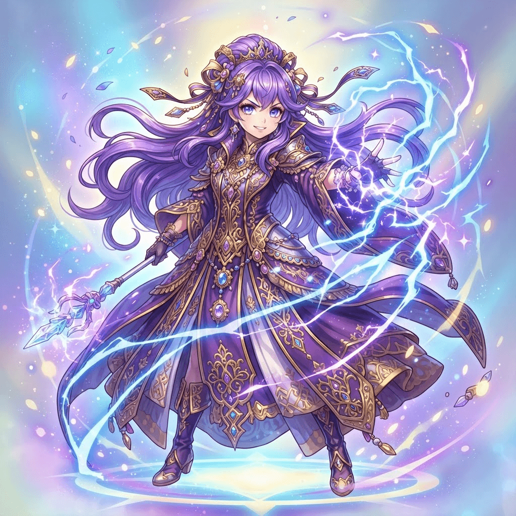 detailed anime gacha illustration, ornate violet and gold layered fantasy robes, long flowing purple hair, glowing electro lightning arcs swirling around her, large expressive anime eyes, cel-shaded anime style, soft gradient background, vibrant, crisp high detail