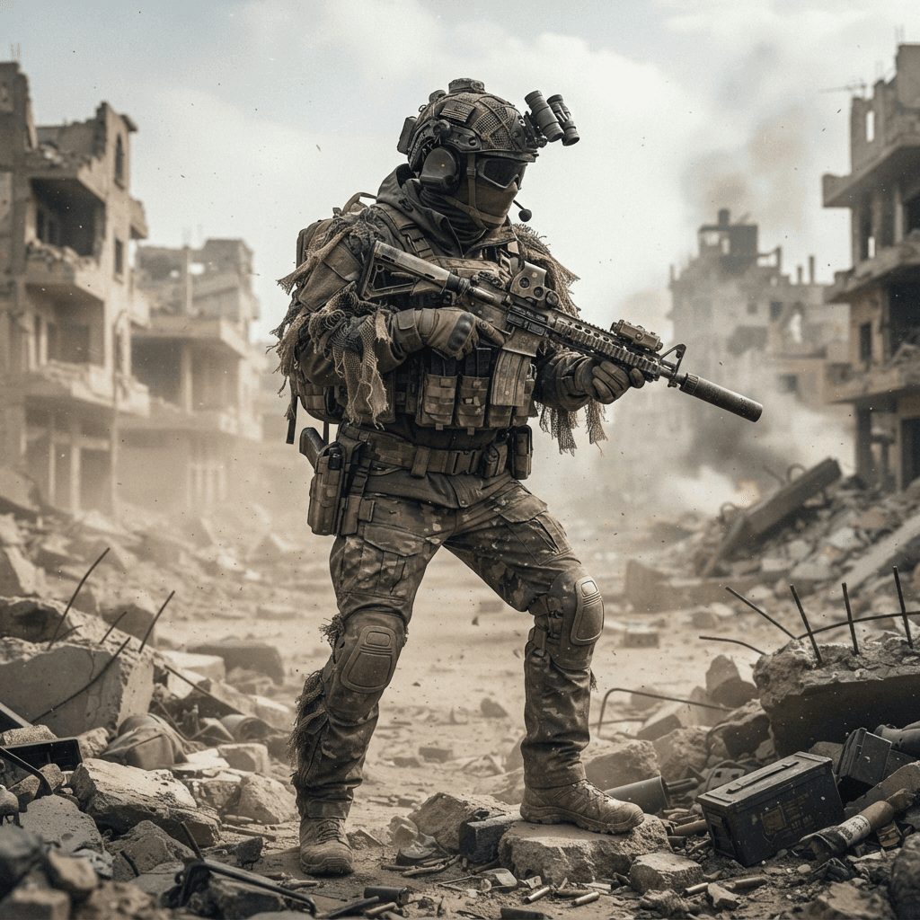 tactical battle royale operator, level 3 helmet and ghillie-trim jacket, assault rifle at low ready, gritty realistic game key art, dusty ruins backdrop, crisp high detail