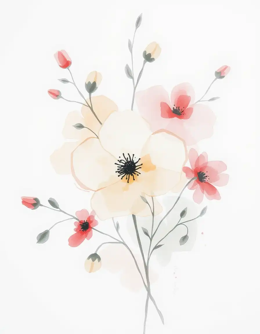 Abstract Watercolor Floral: A delicate abstract watercolor painting of floral elements with soft washes of color and flowing lines.  Artistic and botanical.