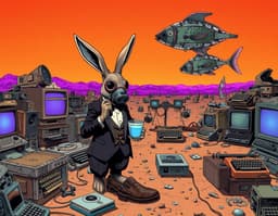 Kinda like a wide Moebius comic page, right? It's this weird little bubble of time in a wasteland... just piles of old electronics and like, vintage typewriters everywhere. In the middle there's this rabbit, wearin' a tuxedo—all ripped up—and a gas mask, just sippin' on some boilin' neon liquid. Tastes like copper coins and lithium, probably. Across from him is a judge, but his body is like... fused into a giant rusted scale thing. And the horizon? Just a massive wave of purple TV static. There's also mechanical fish—made of clock parts—just floatin' in the orange sky. Lighting is all clinical and thin, with these long, sharp shadows. Just disjointed logic and dadaism... basically a high-art version of a fever dream.