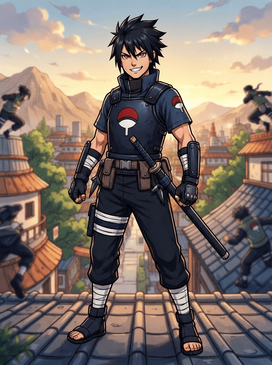a young Uchiha ninja in dark clothes bearing the red-and-white fan crest, sharp dark eyes hinting at the Sharingan, bare forehead, fierce and proud, in the style of Naruto anime, classic Studio Pierrot shonen art, bold outlines, vivid colors, dynamic ninja action pose, full-body character portrait, centered, relaxed lively stance. SFW, everyone fully clothed in modest attire. Crisp detail, sharp focus, rich lighting, highly detailed