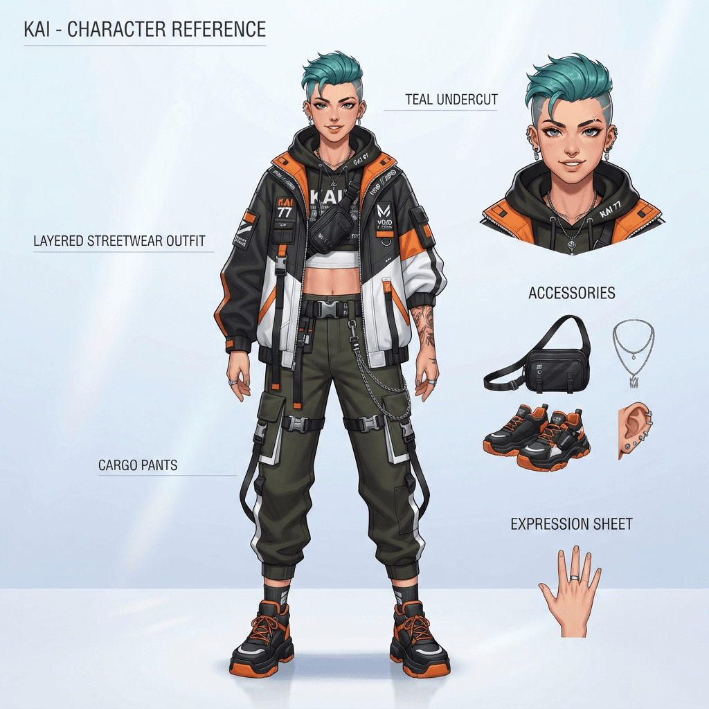 full body original character reference sheet, front facing standing pose, streetwear outfit with layered jacket and cargo pants, teal undercut hair, clean soft gradient studio background, vibrant, crisp high detail, digital illustration