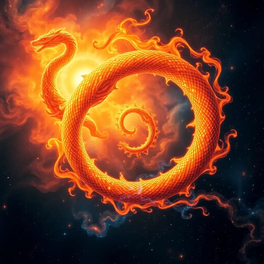 Amidst the kaleidoscopic expanse of a forgotten nebula, a mythical solar serpent coils in on itself in an elaborate dance of fire and elegance. Its scales glimmer with cosmic iridescence, casting kaleidoscope reflections that ripple across the vastness of space. As it spirals through the heavens, it weaves a rich tapestry of conflagrant hues, uniting the sacred warmth of the sun with the ancient mystery of the stars.