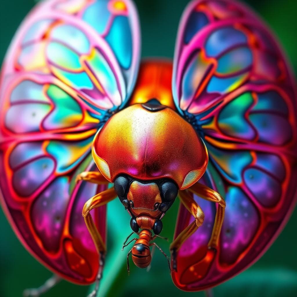 A hyper-realistic, highly detailed digital painting of a magnificent, surreal ladybug with an iridescent exoskeleton, covered in vibrant red, gold, and pink hues. Its wings are semi-transparent and intricately structured, showcasing an elaborate blend of neon blue, purple, and orange veins that resemble stained glass. The ladybug has an intense gaze, with its eyes focused on a ant.