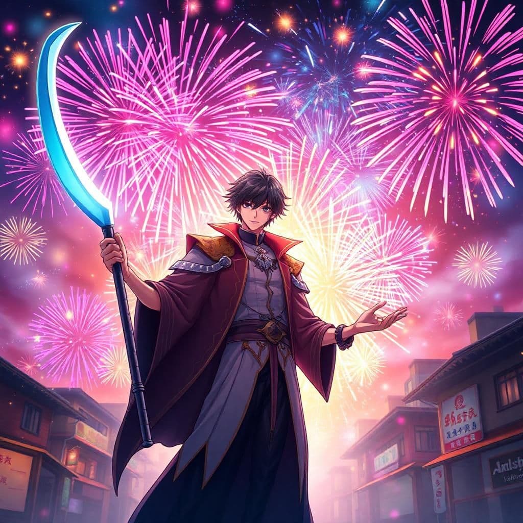 here's a modified prompt:

"create an epic image of isagi yoichi as a powerful shinigami standing amidst a vibrant new year's night in karakura town, surrounded by a kaleidoscope of colorful fireworks that explode in synchronization with his intense spirit energy. the sky is ablaze with vibrant hues of pink, blue, and gold, as if the heavens themselves are rejoicing with the spirit of celebration. the background is a warm, golden glow that represents the warmth and togetherness of the new year's festivities. isagi's left hand holds a futuristic, sleek-looking scythe that shines with an ethereal aura, while his right hand is extended, palm up, as if welcoming the fireworks to descend upon him. his eyes burn with an inner light that seems to fuel the fireworks' spectacular display, radiating a sense of calm and determination. the artistic style blends traditional japanese motifs with a touch of futuristic, high-tech flair, creating a visually stunning image that captures the essence of isagi as a shinigami, surrounded by the magic and wonder of the new year. the background contains huddled groups of people exchanging gifts, sharing food and drinking sake, and genuinely celebrating the beginning of the year. focus on creating isagi's determination as a shinigami, firework-filled intense, colorful and light."