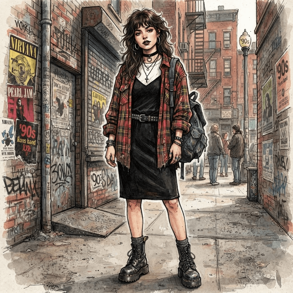 nineteen nineties fashion, slip dress over a tee, chokers, chunky boots, grunge plaid, full length gown look, fashion illustration, full body
