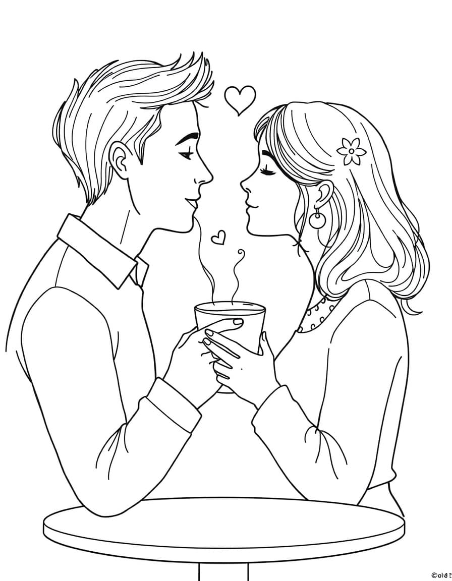 romantic couple drinking coffee together coloring page, two-page design for couple, delicate thin lines, minimal line art, black and white, no shading, white background, printable, cozy romantic atmosphere, split for two people