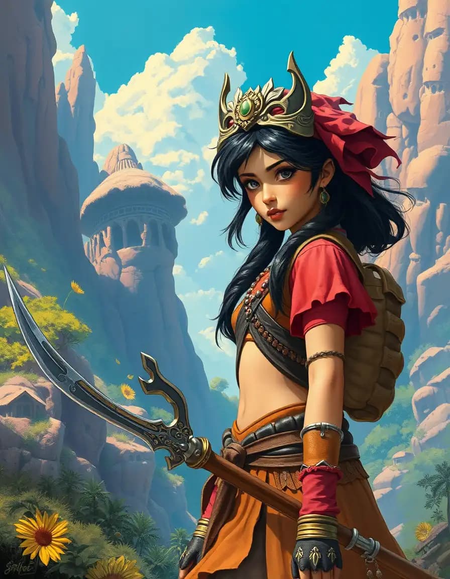 The style is a fantasy art style illustration of a soutvillage girl named Sofi on a hero’s journey theme engaged in colourful scenes with fantasy background in the style of Frank Frazetta – aspect ratio 1:1. Do you understand?