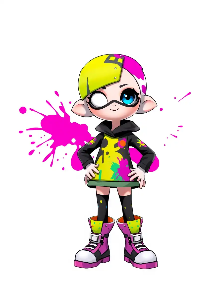 a splatoon octoling girl stands in the center of the frame, wearing vibrant ink-splattered gear. the background is a solid, light gray, emphasizing the character and her colorful outfit.
