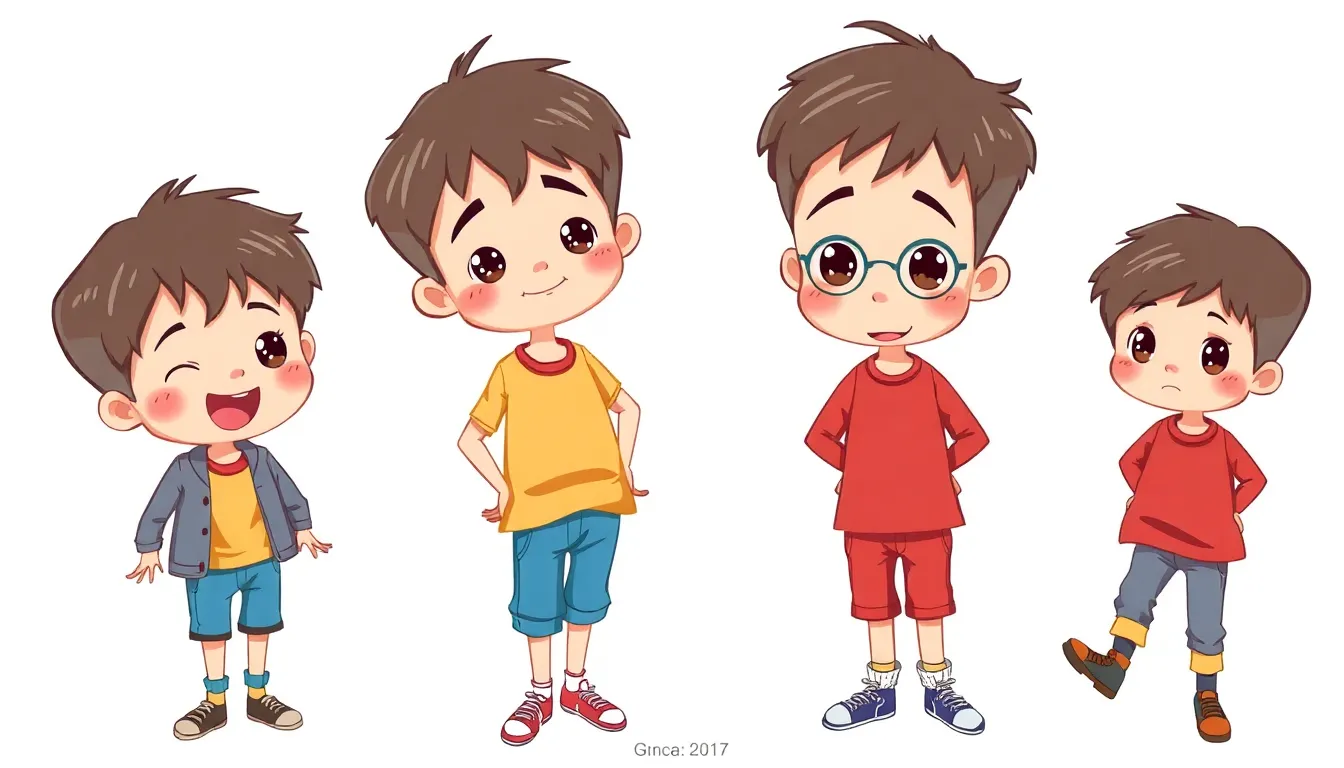 CHARACTER DESIGN SHEET

children character design, cute kid in multiple poses (happy, sad, excited), clean white background, colorful outfit, professional illustration sheet, high detail